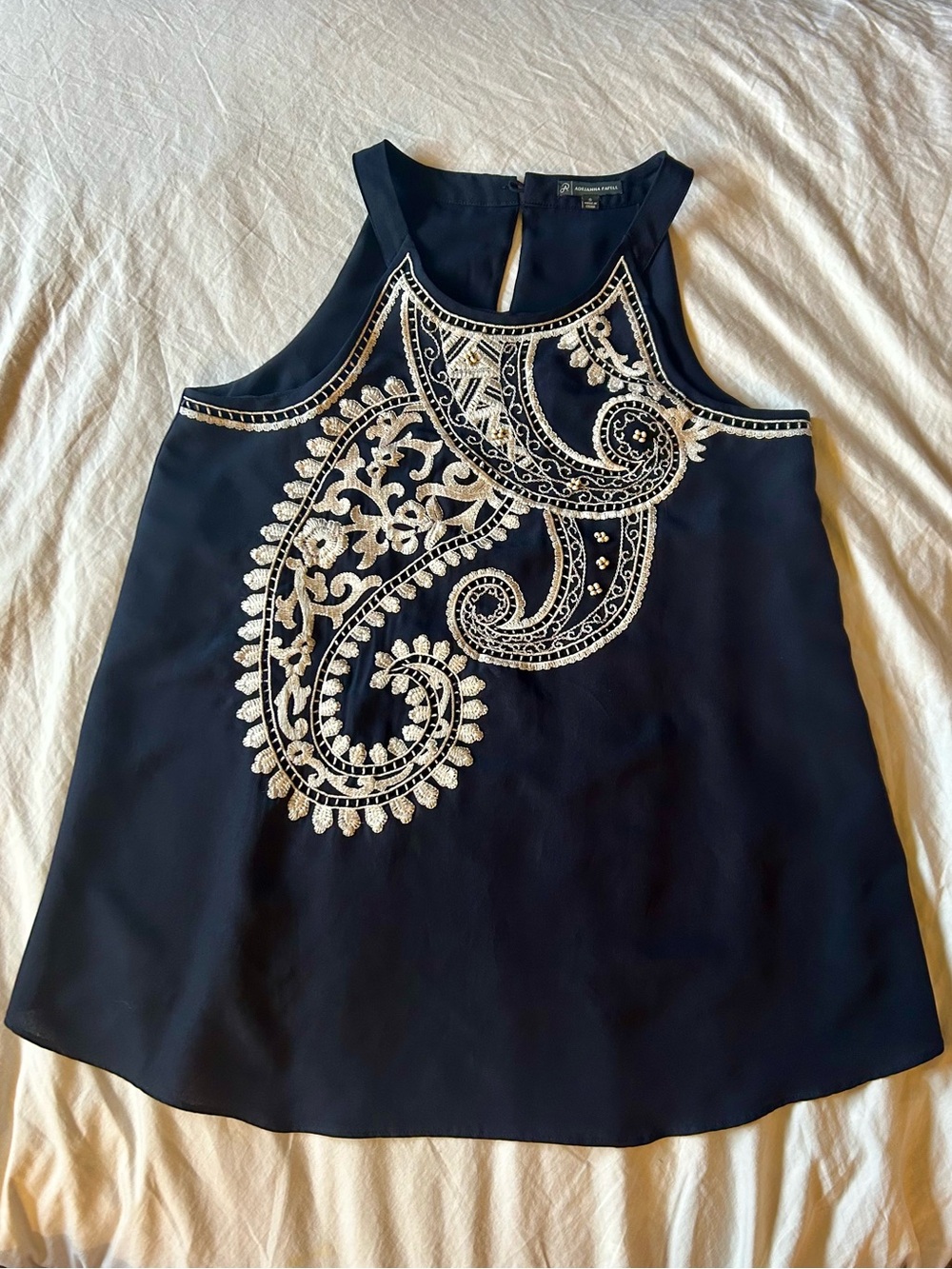Adrianna Papell Navy Sleeveless Tank Blouse SZ S with White Paisley Embroidery